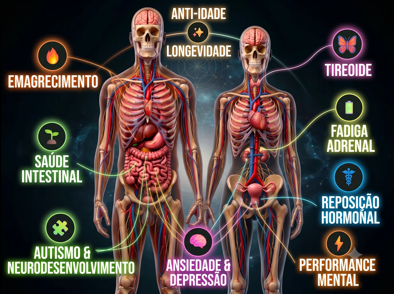 Áreas de atuação do Dr. Wagner sobre a anatomia humana (órgãos, vasos e nervos): emagrecimento, ansiedade e depressão, autismo e neurodesenvolvimento, reposição hormonal, saúde intestinal, tireoide, fadiga adrenal, performance mental, longevidade e anti-idade